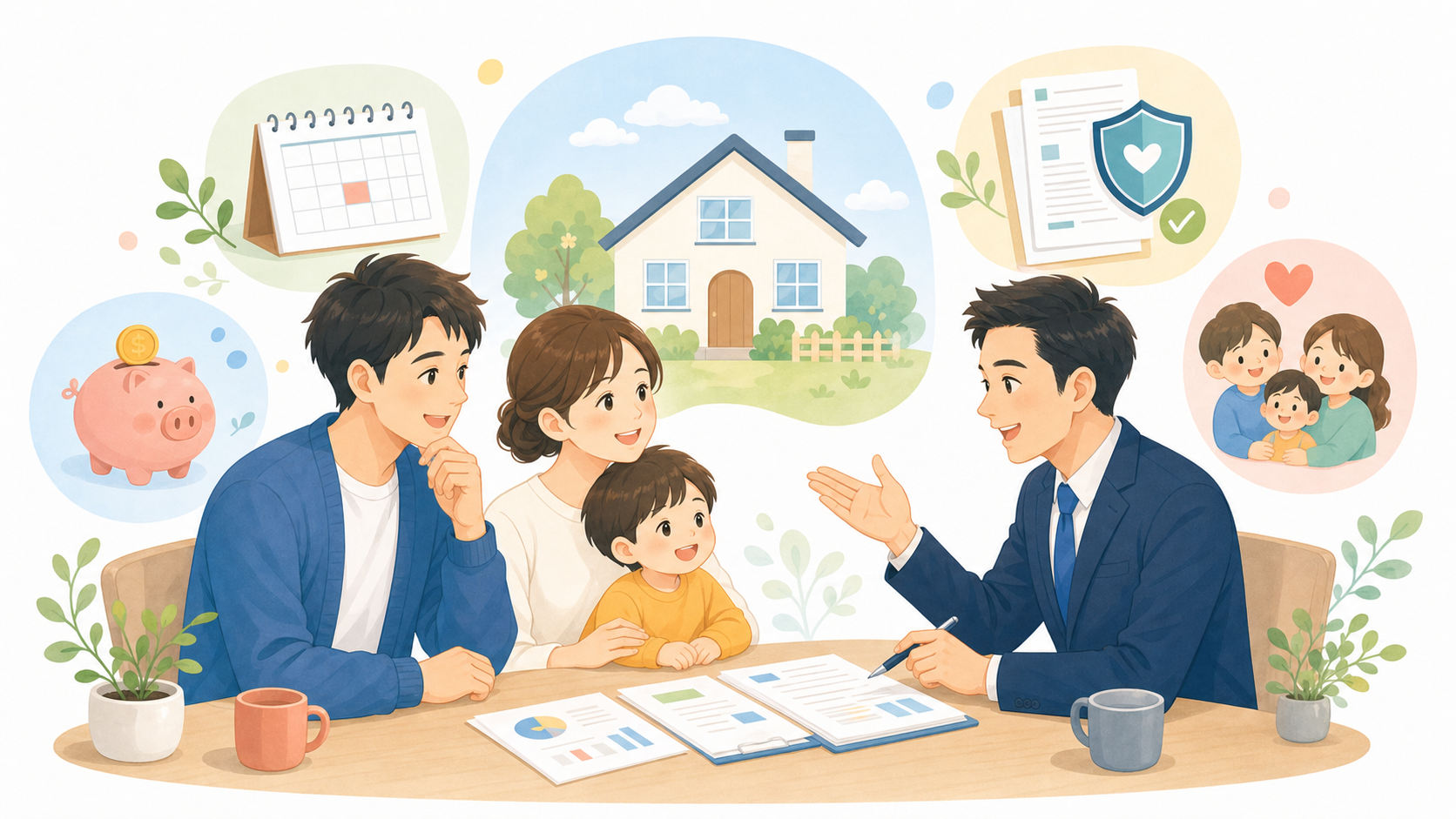 男性相談員が家族とライフプランについて話しているイラスト
